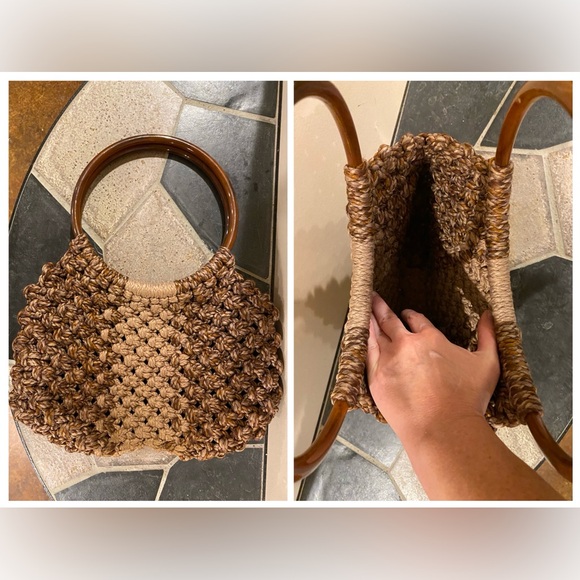 Vintage Handmade Macrame Round Handle Tote Bag Brown Tan 12.5”x15” - Picture 2 of 5
